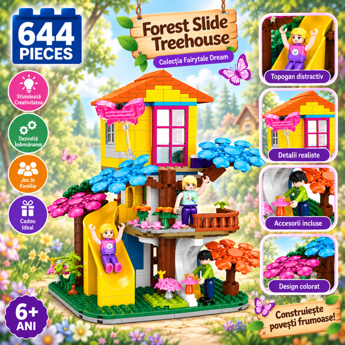 Set de Constructie cu Piese Tip Blocuri Constructie 644 Piese MiniBric Forest Slide Treehouse 2912