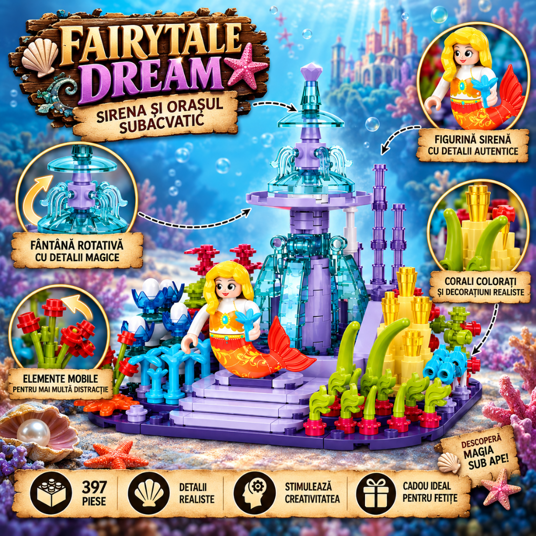 Set de Constructie cu Piese Tip Blocuri Constructie 397 Piese MiniBric Fairy Mermaid's Coral Sqaure 2022