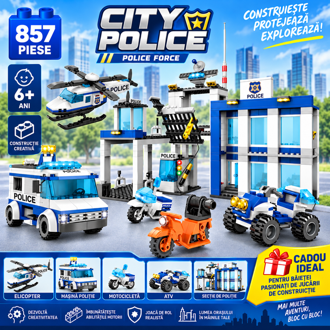 Set de Constructie cu Piese Tip Blocuri Constructie 857 Piese MiniBric City Police and Vehicles 4156