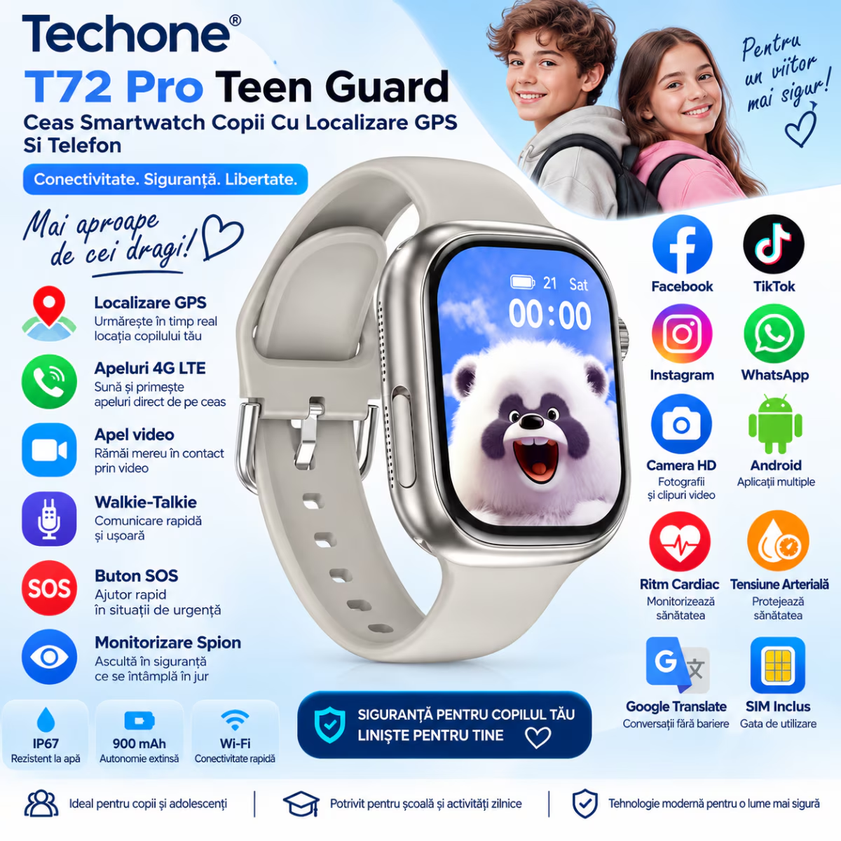 Ceas Smartwatch Copii Cu Localizare GPS Si Telefon Techone T72 Pro Teen Guard, Negru
