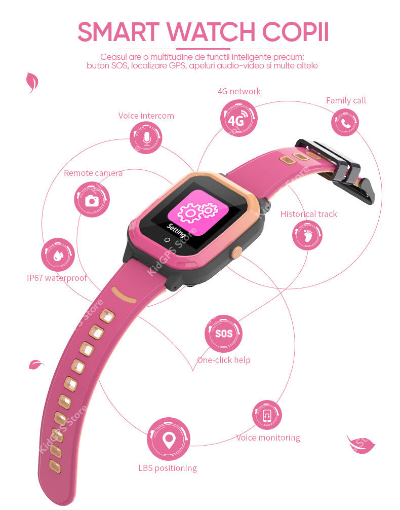 Ceas smartwatch GPS copii Techone KT20 4G, Roz