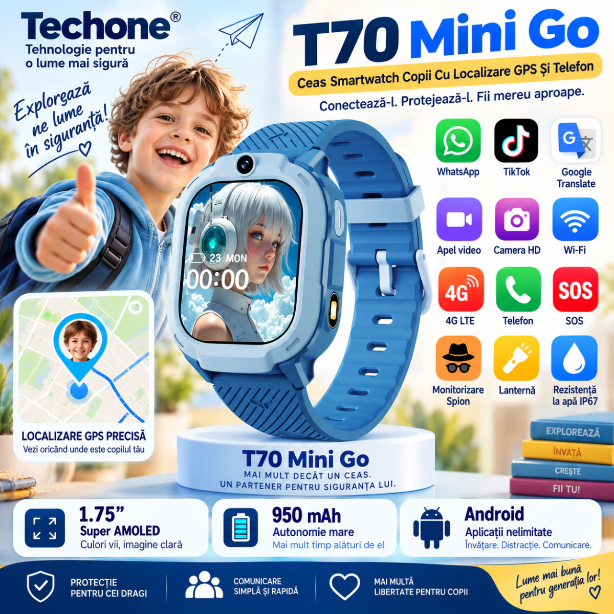 Ceas Smartwatch Copii Cu Localizare GPS Si Telefon Techone T70 Mini Go, Albastru