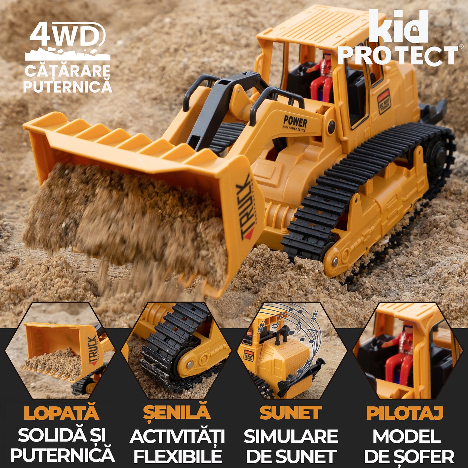 Buldozer Super Realist Cu Telecomanda Pentru Copii KidProtect PowerTrack Dozer