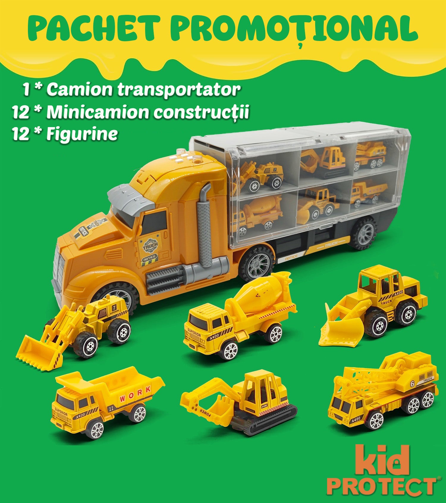 Set Tir Auto Trailer cu Masinute De Jucarie Pentru Copii, KidProtect Construction Express