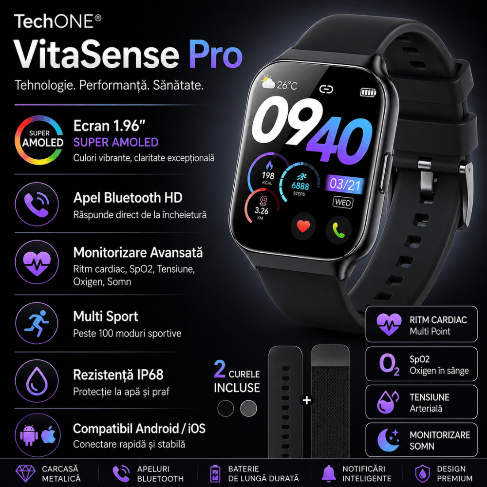 Ceas Smartwatch Barbati TechONE VitaSense Pro, Negru