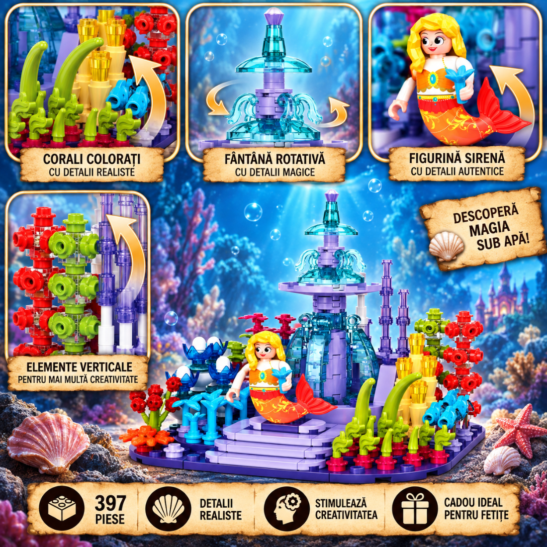Set de Constructie cu Piese Tip Blocuri Constructie 397 Piese MiniBric Fairy Mermaid's Coral Sqaure 2022