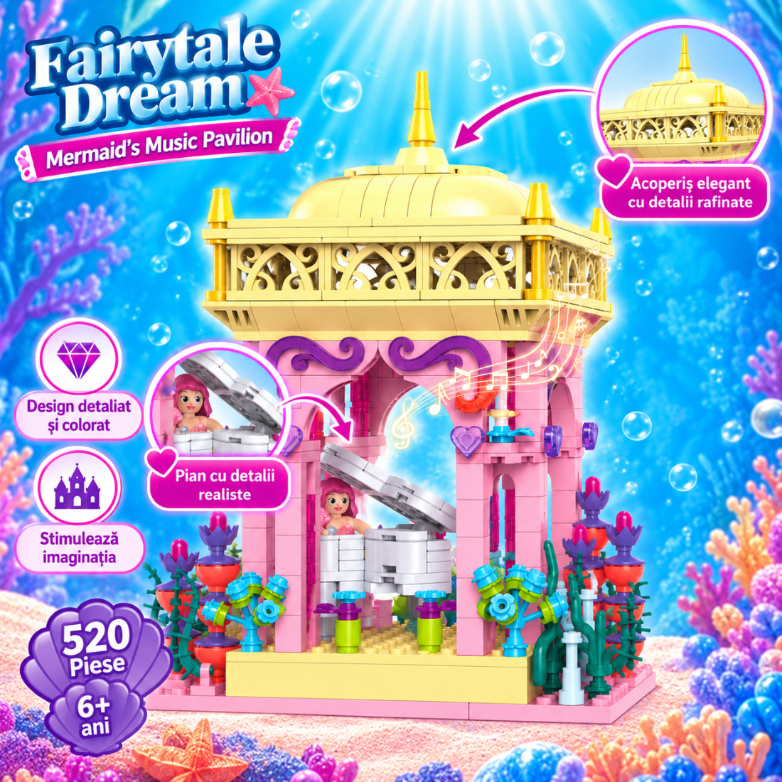 Set de Constructie cu Piese Tip Blocuri Constructie 520 Piese MiniBric Mermaid's Music Pavilion 2024