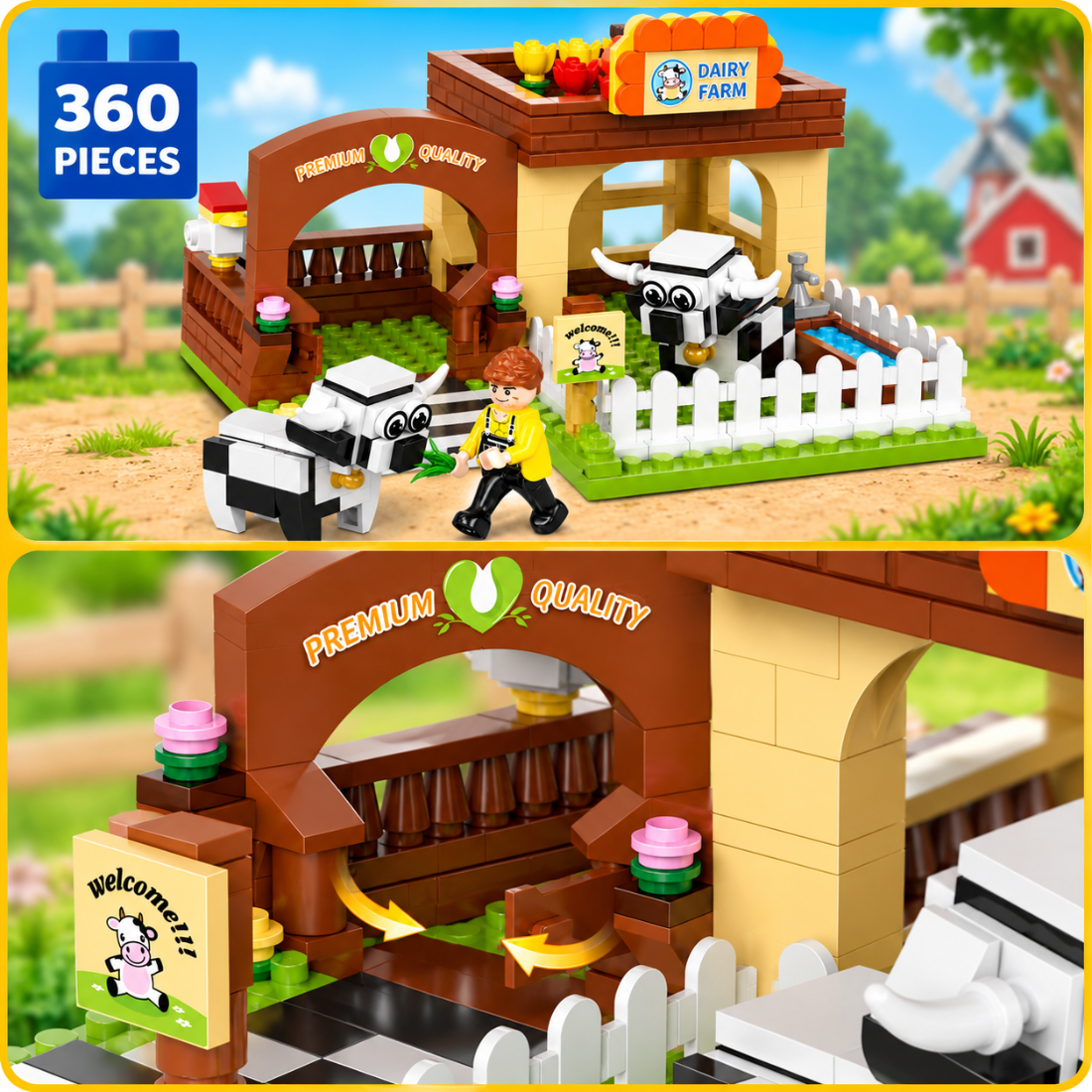 Set de Constructie cu Piese Tip Blocuri Constructie 360 Piese MiniBric Dairy Farm 4209