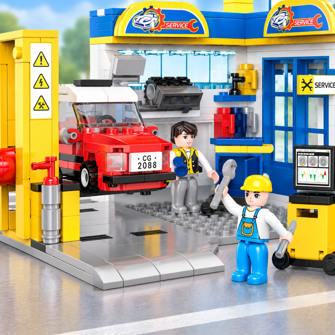Set de Constructie cu Piese Tip Blocuri Constructie 467 Piese MiniBric Service Auto 4222
