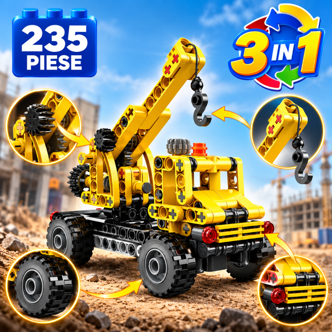 Set de Constructie cu Piese Tip Blocuri Constructie 235 Piese MiniBric 3 in 1 Construction Vechicles 3090