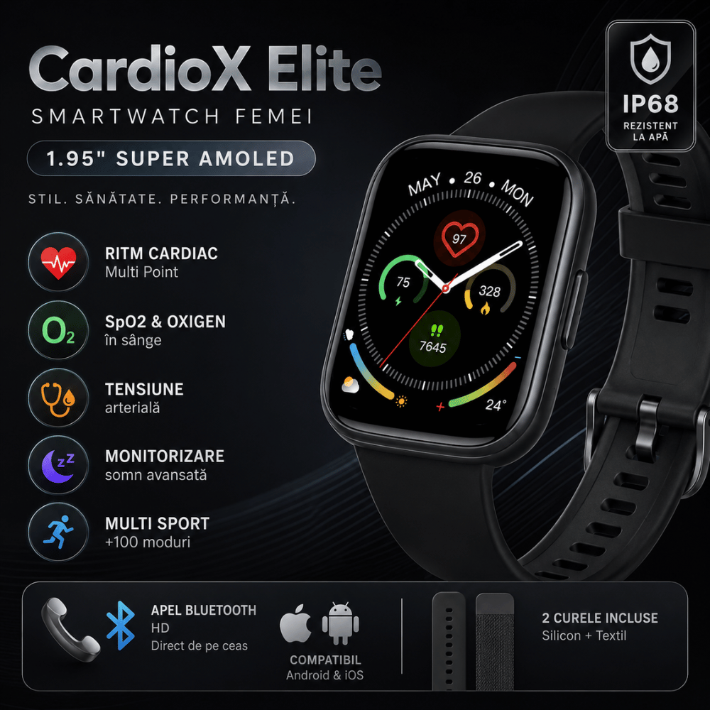 Ceas Smartwatch Barbati TechONE CardioX Elite, Negru
