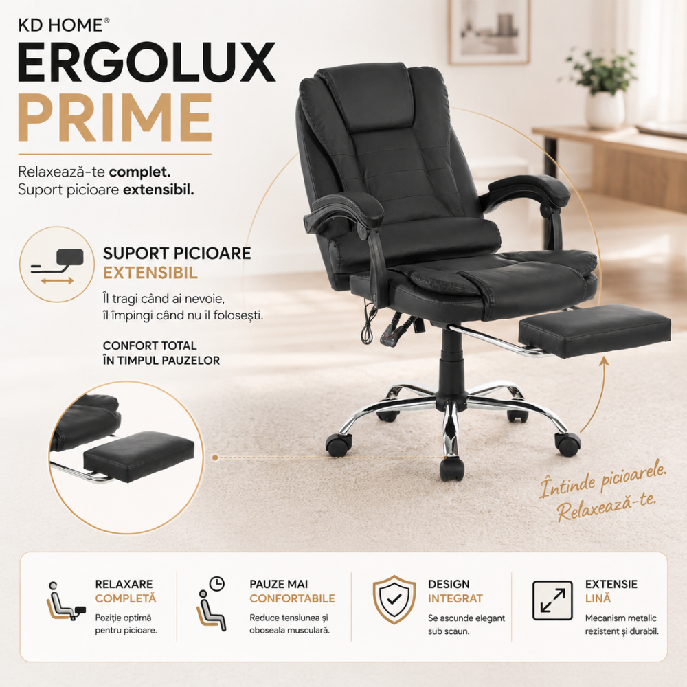 Scaun De Birou Directorial Ergonomic Cu Masaj KD Home ErgoLux Prime, Negru