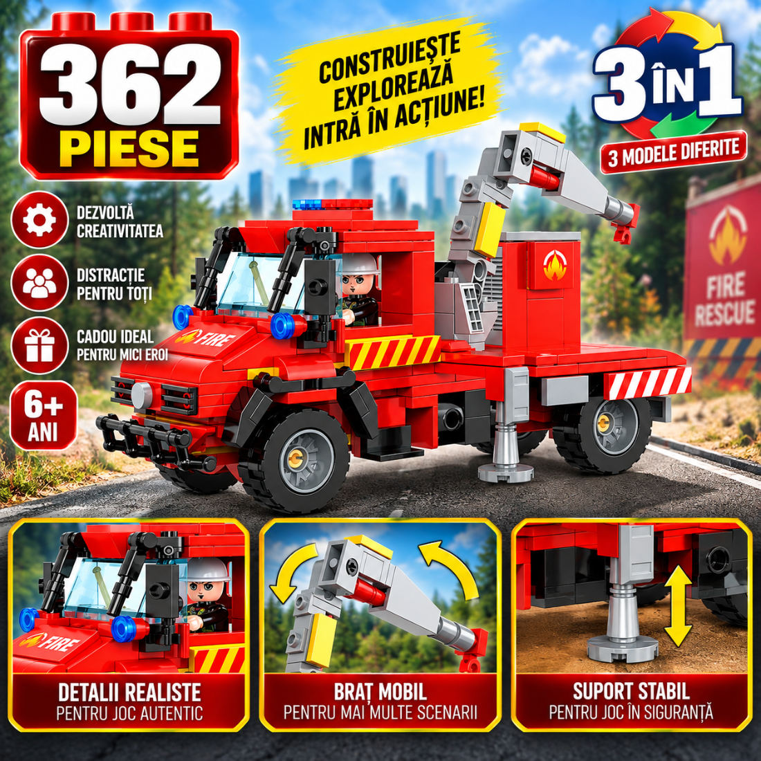 Set de Constructie cu Piese Tip Blocuri Constructie 362 Piese MiniBric 3 in 1 Rescue Vehicles 2148