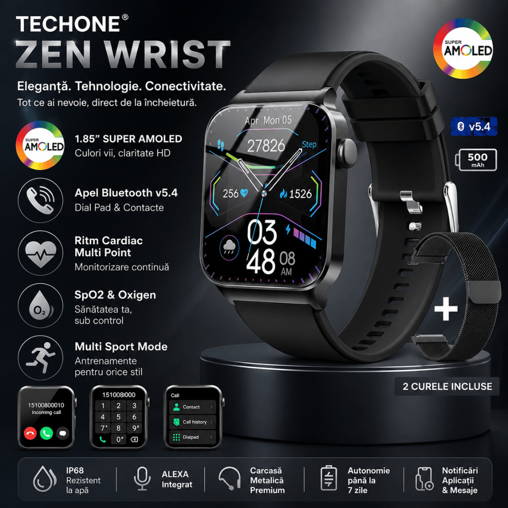 Ceas Smartwatch Barbati TechONE Zen Wrist,  Negru
