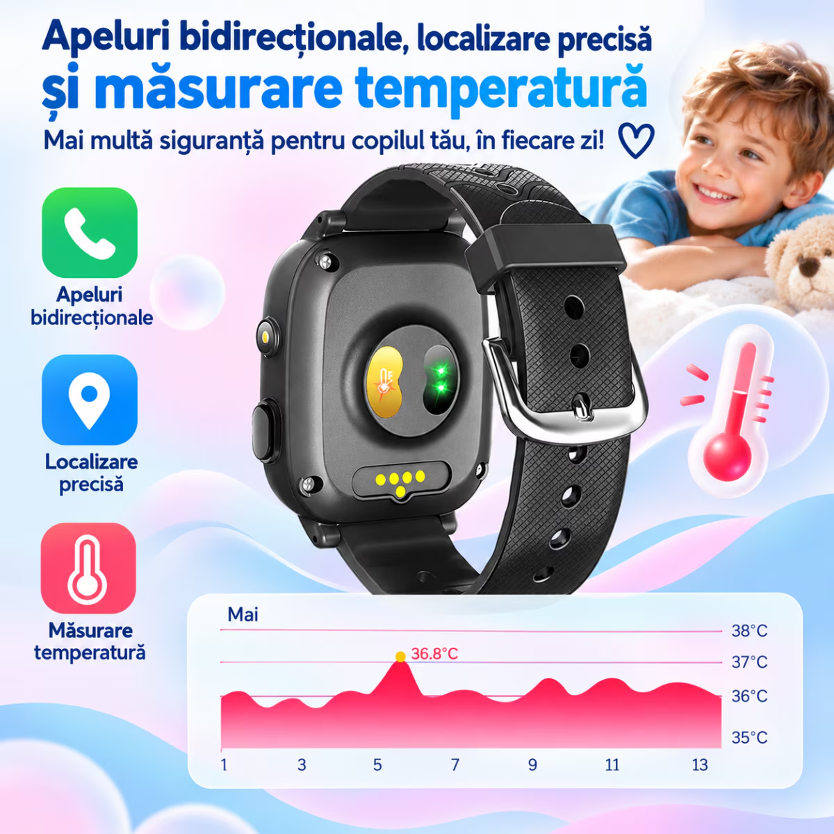 Ceas Smartwatch Copii Cu Localizare GPS Si Telefon Techone T5S Vital Guard, Negru