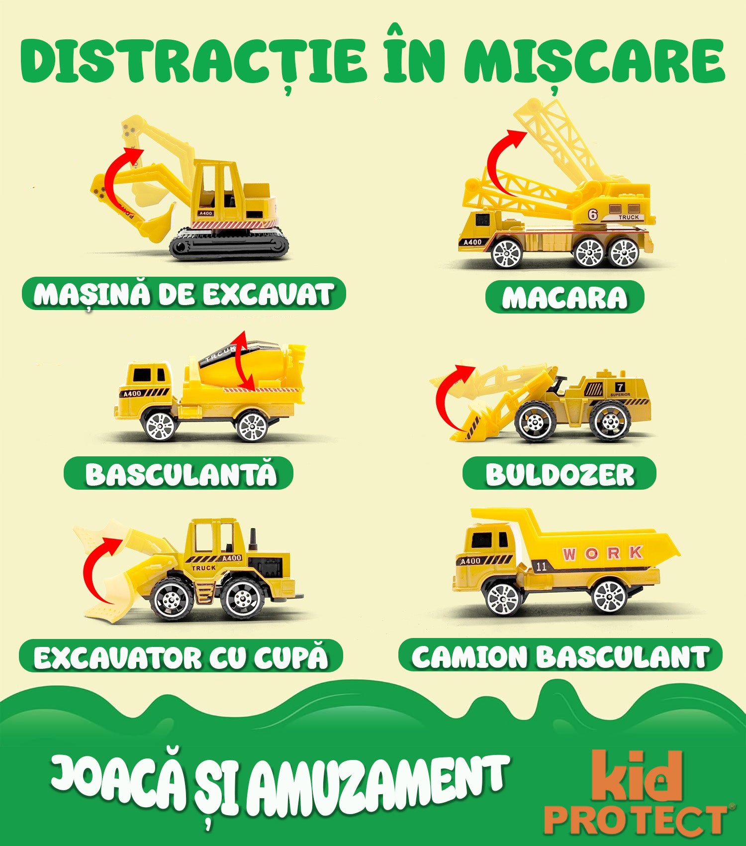 Set Tir Auto Trailer cu Masinute De Jucarie Pentru Copii, KidProtect Construction Express