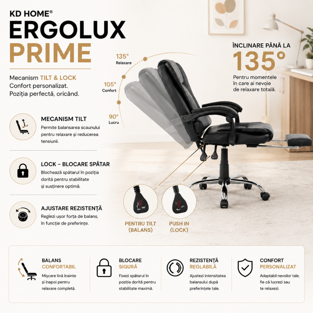 Scaun De Birou Directorial Ergonomic Cu Masaj KD Home ErgoLux Prime, Negru
