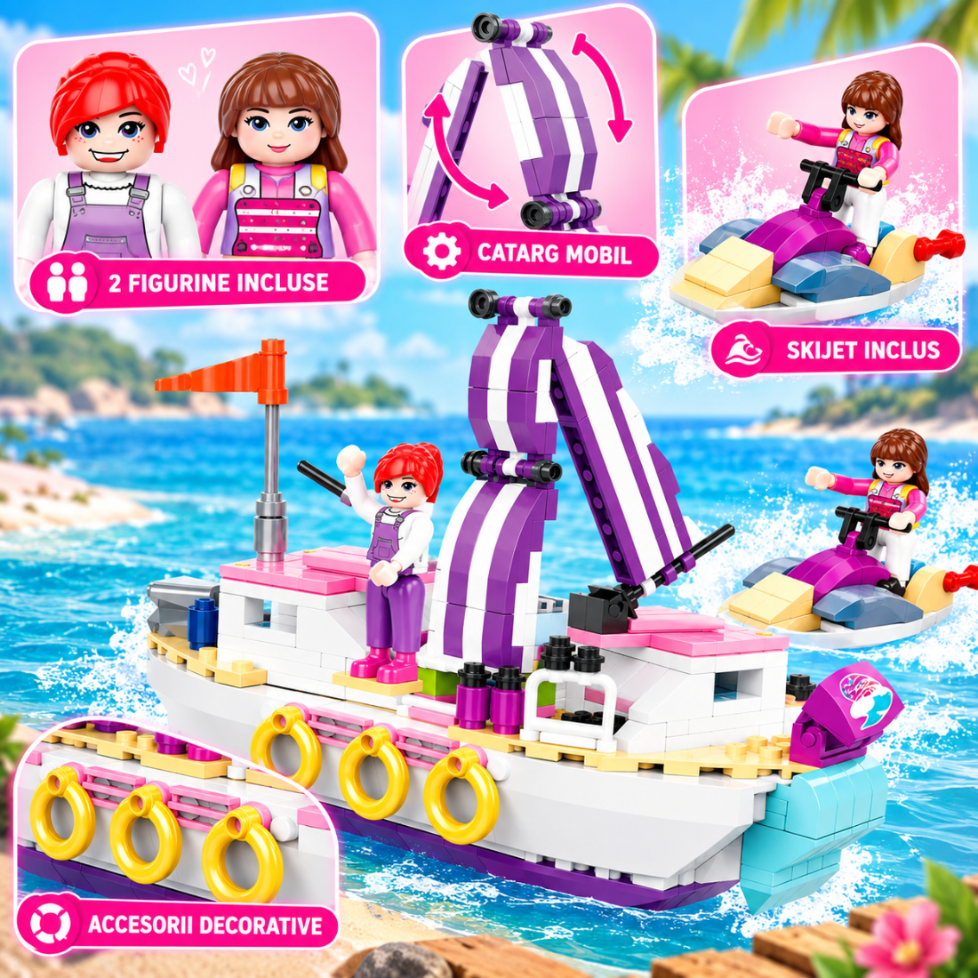 Set de Constructie cu Piese Tip Blocuri Constructie 373 Piese MiniBric Shoreline Wave Girls, 4591