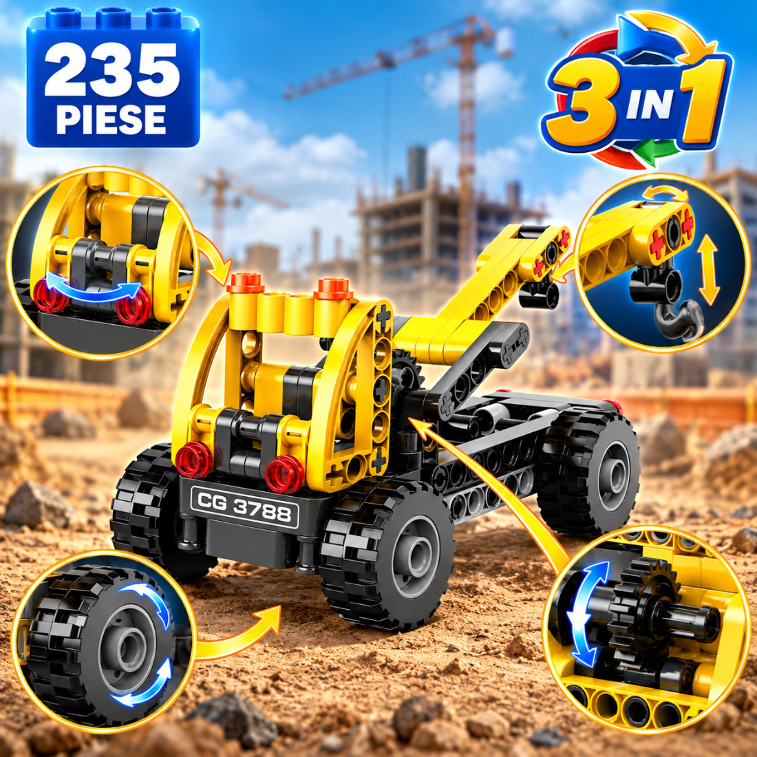 Set de Constructie cu Piese Tip Blocuri Constructie 235 Piese MiniBric 3 in 1 Construction Vechicles 3090