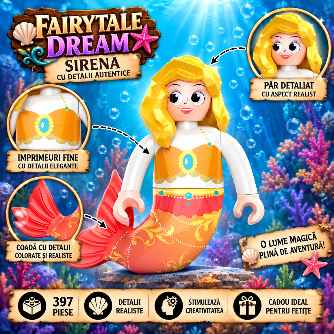 Set de Constructie cu Piese Tip Blocuri Constructie 397 Piese MiniBric Fairy Mermaid's Coral Sqaure 2022