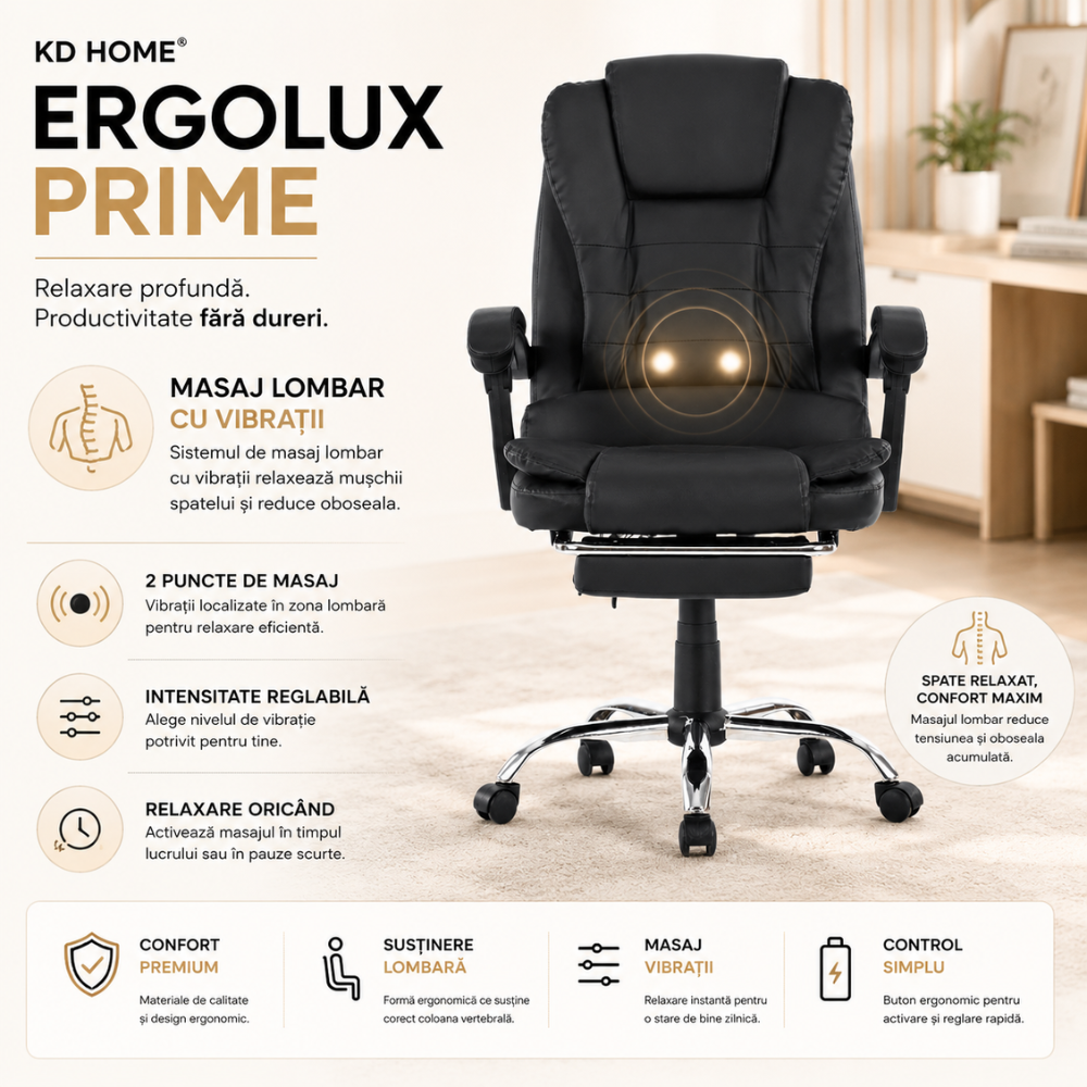 Scaun De Birou Directorial Ergonomic Cu Masaj KD Home ErgoLux Prime, Negru