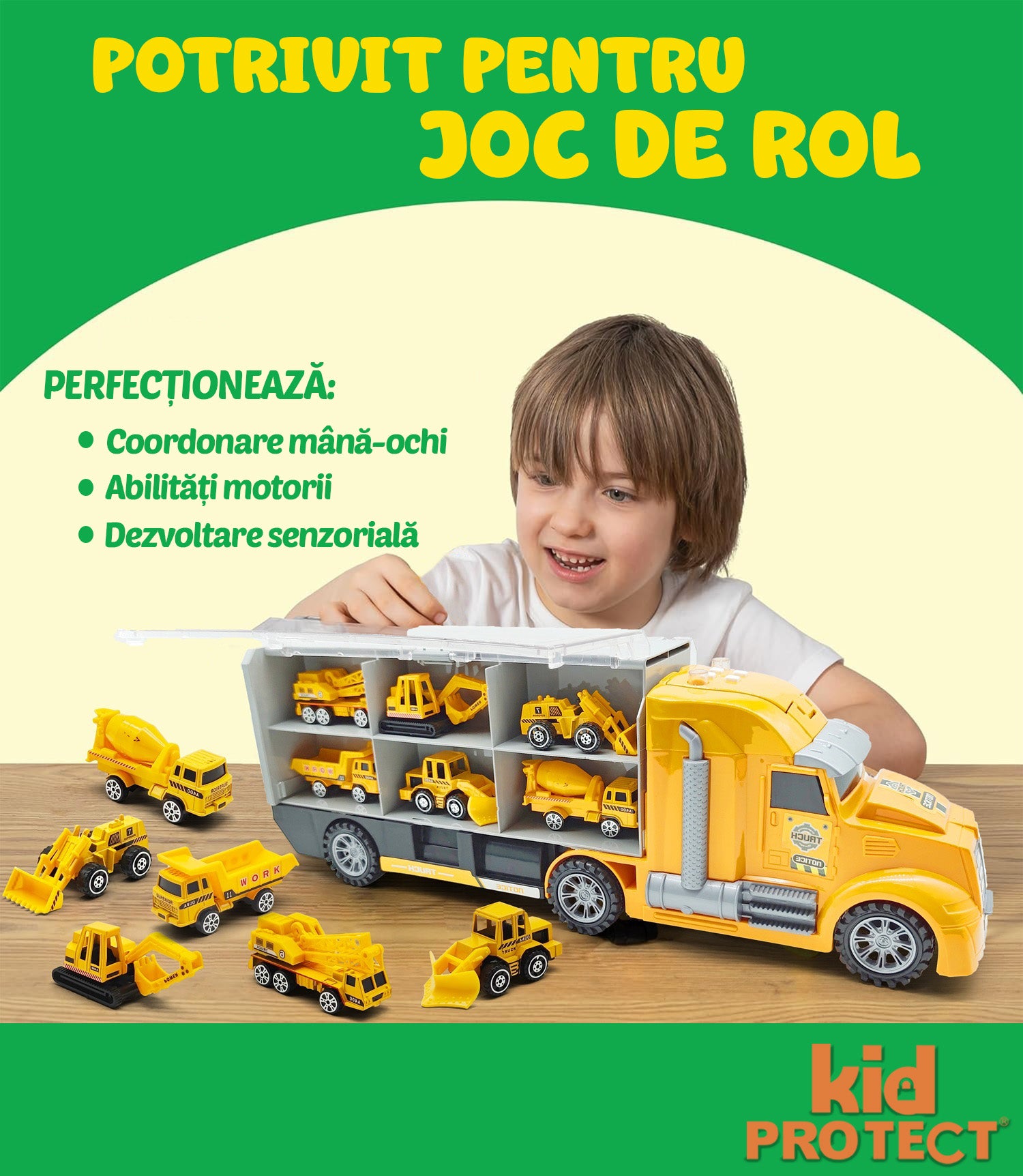 Set Tir Auto Trailer cu Masinute De Jucarie Pentru Copii, KidProtect Construction Express