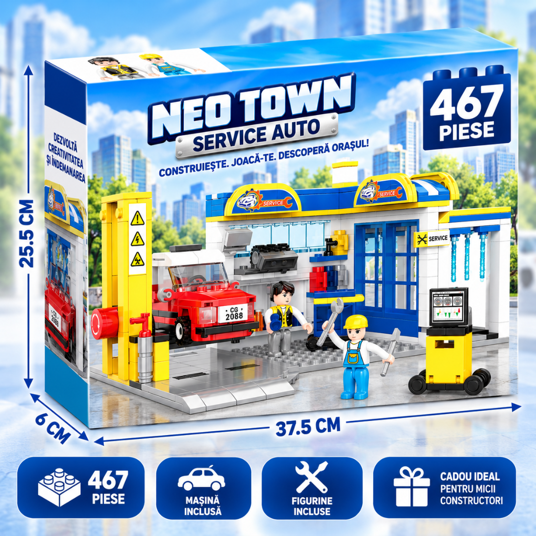 Set de Constructie cu Piese Tip Blocuri Constructie 467 Piese MiniBric Service Auto 4222