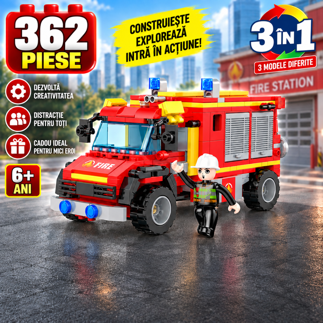 Set de Constructie cu Piese Tip Blocuri Constructie 362 Piese MiniBric 3 in 1 Rescue Vehicles 2148