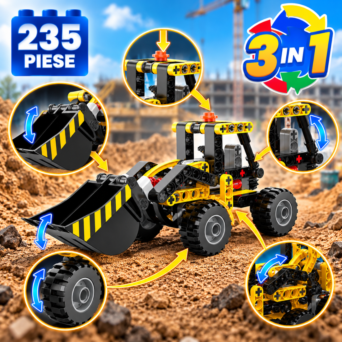 Set de Constructie cu Piese Tip Blocuri Constructie 235 Piese MiniBric 3 in 1 Construction Vechicles 3090