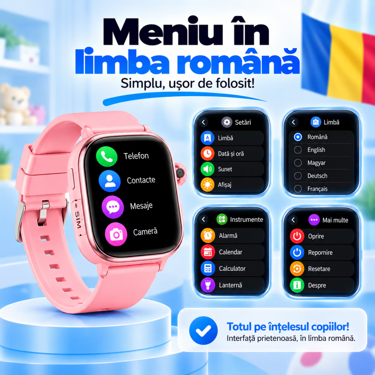 Ceas Smartwatch Copii Cu Localizare GPS Si Telefon Techone T86 KidGo, Albastru
