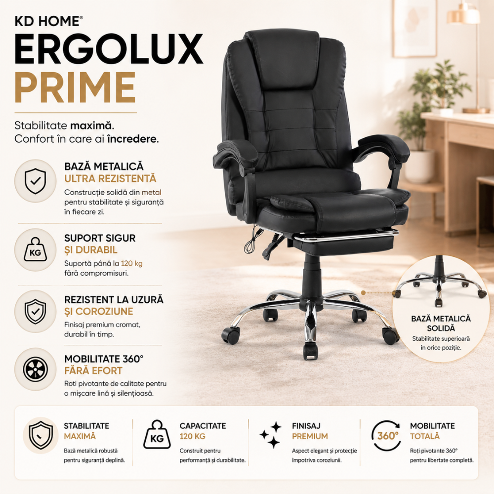 Scaun De Birou Directorial Ergonomic Cu Masaj KD Home ErgoLux Prime, Negru