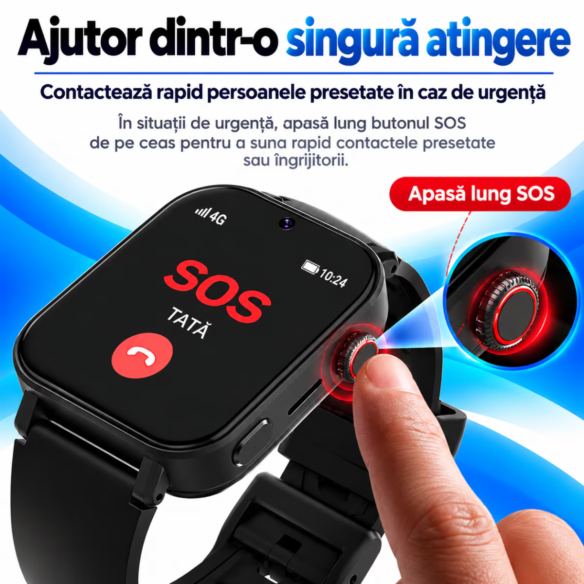 Ceas Smartwatch Copii si Adulti Cu Localizare GPS Si Telefon Techone LifeTrack, Negru