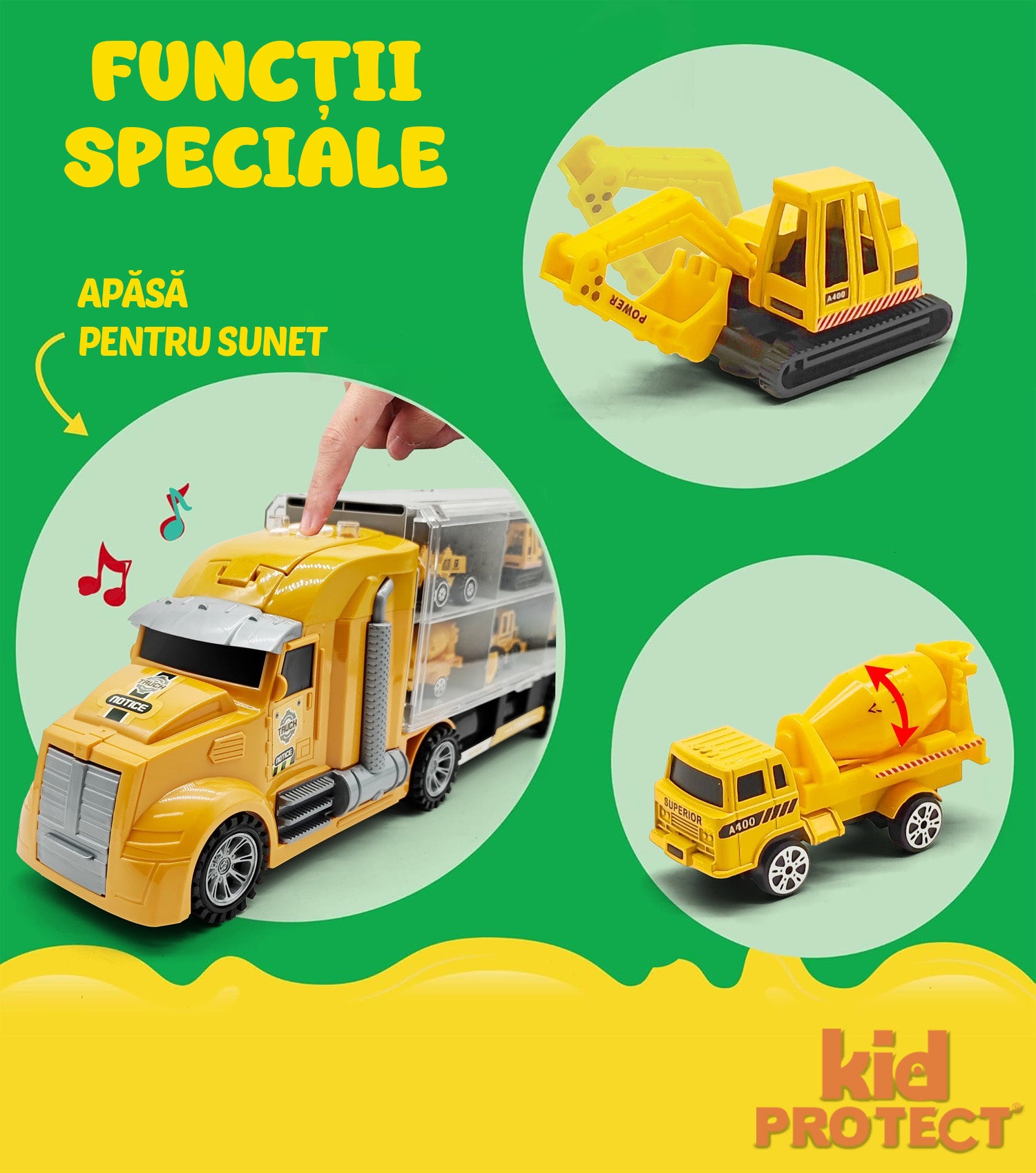 Set Tir Auto Trailer cu Masinute De Jucarie Pentru Copii, KidProtect Construction Express