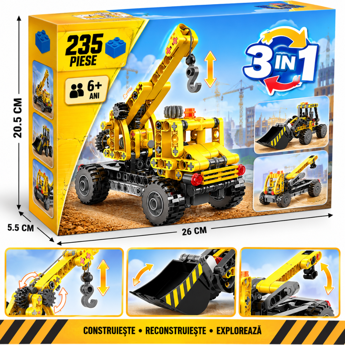Set de Constructie cu Piese Tip Blocuri Constructie 235 Piese MiniBric 3 in 1 Construction Vechicles 3090
