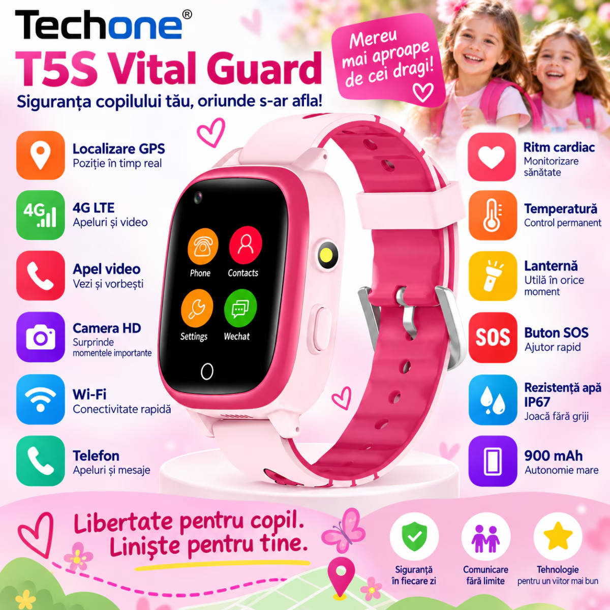 Ceas Smartwatch Copii Cu Localizare GPS Si Telefon Techone T5S Vital Guard, Roz