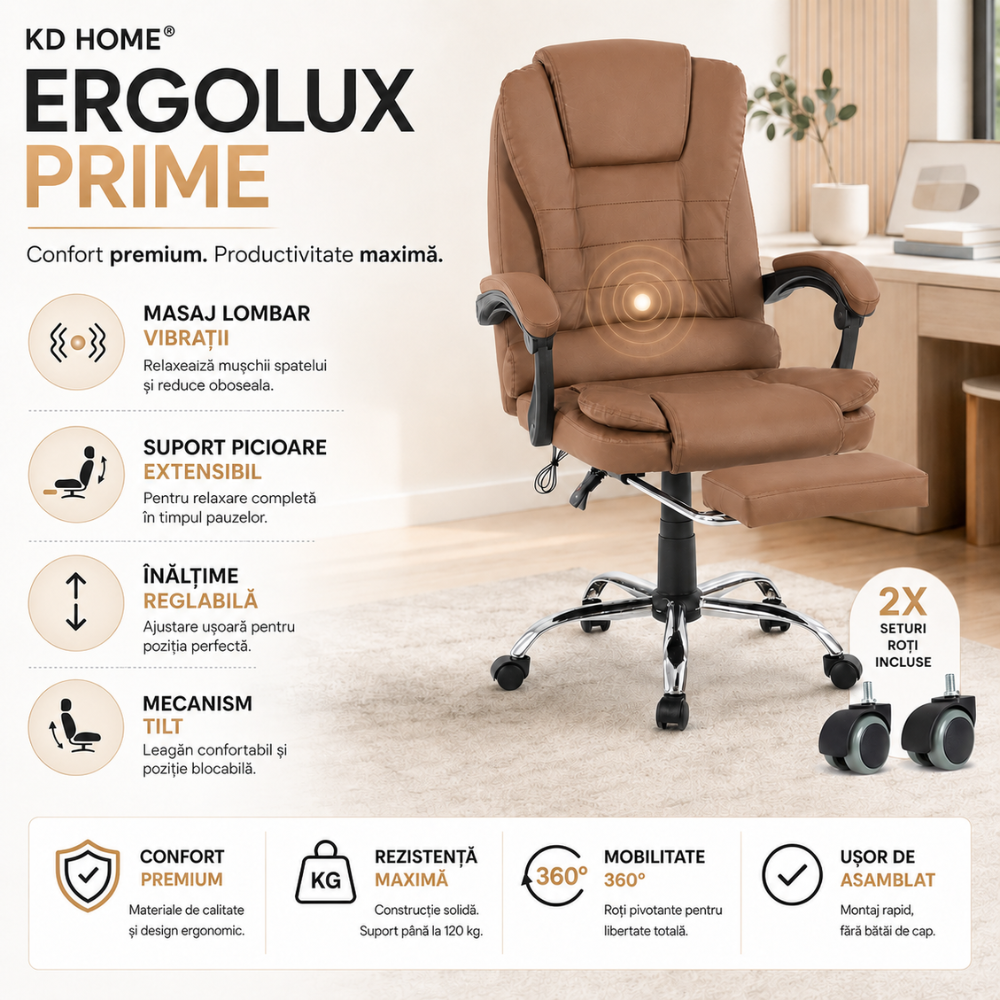 Scaun De Birou Directorial Ergonomic Cu Masaj KD Home® ErgoLux Prime, Maro