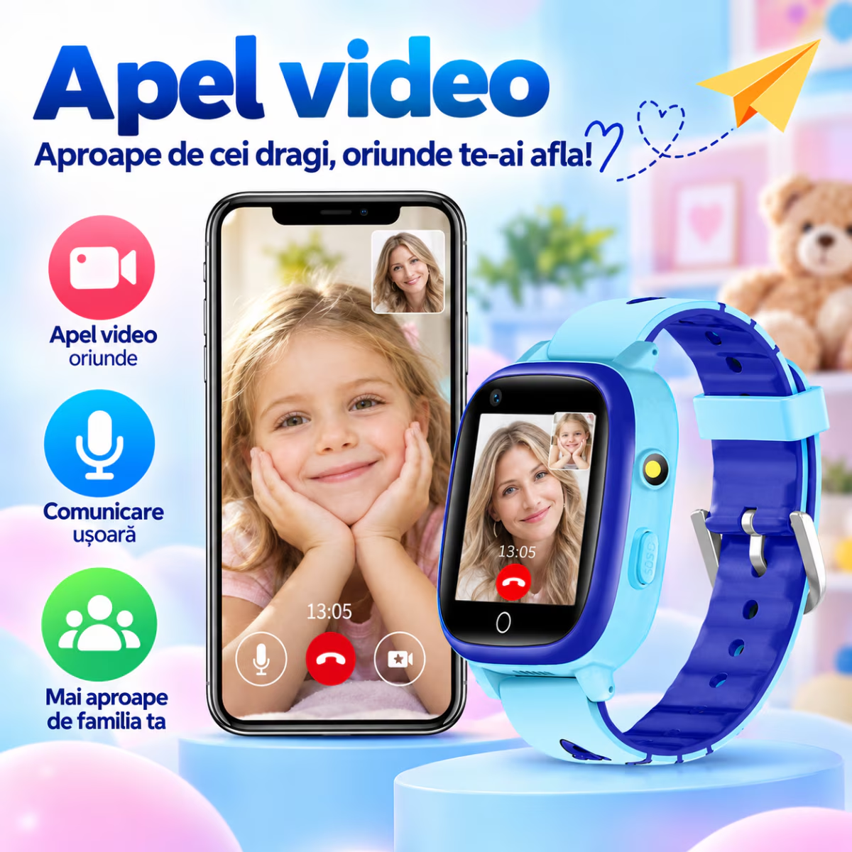 Ceas Smartwatch Copii Cu Localizare GPS Si Telefon Techone T5S Vital Guard, Albastru