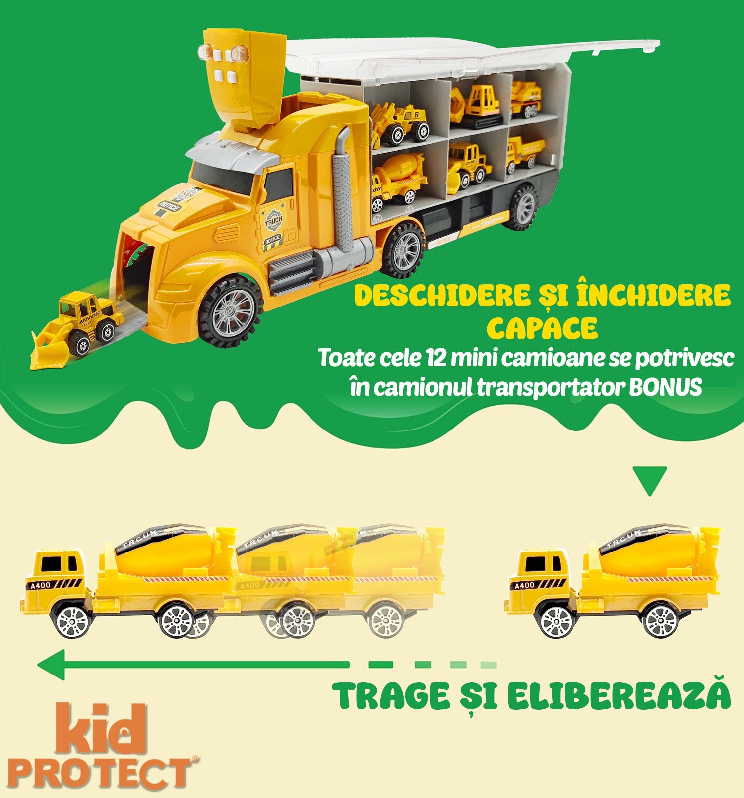 Set Tir Auto Trailer cu Masinute De Jucarie Pentru Copii, KidProtect Construction Express