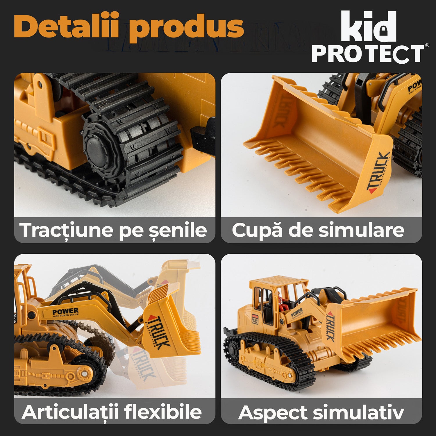 Buldozer Super Realist Cu Telecomanda Pentru Copii KidProtect PowerTrack Dozer