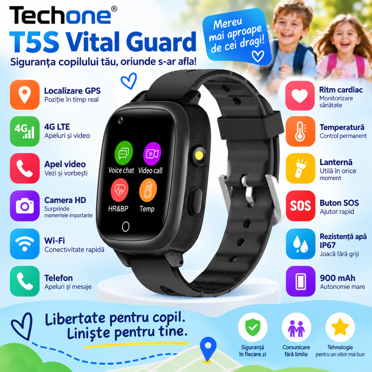 Ceas Smartwatch Copii Cu Localizare GPS Si Telefon Techone T5S Vital Guard, Negru