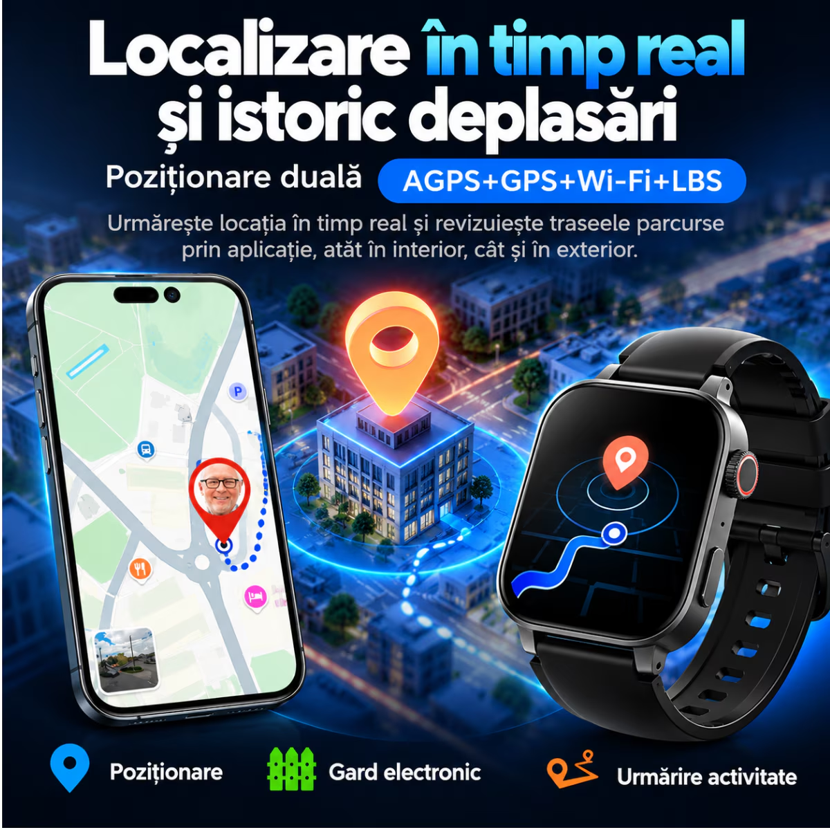 Ceas Smartwatch Copii si Adulti Cu Localizare GPS Si Telefon Techone LifeTrack, Negru
