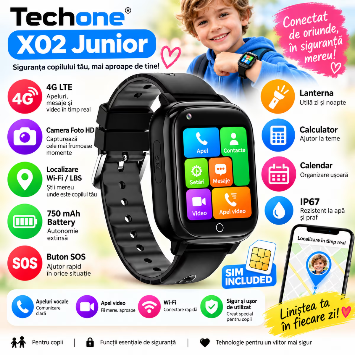 Ceas Smartwatch Copii Cu Localizare W-Fi/LBS Si Telefon Techone X02 Junior, Negru