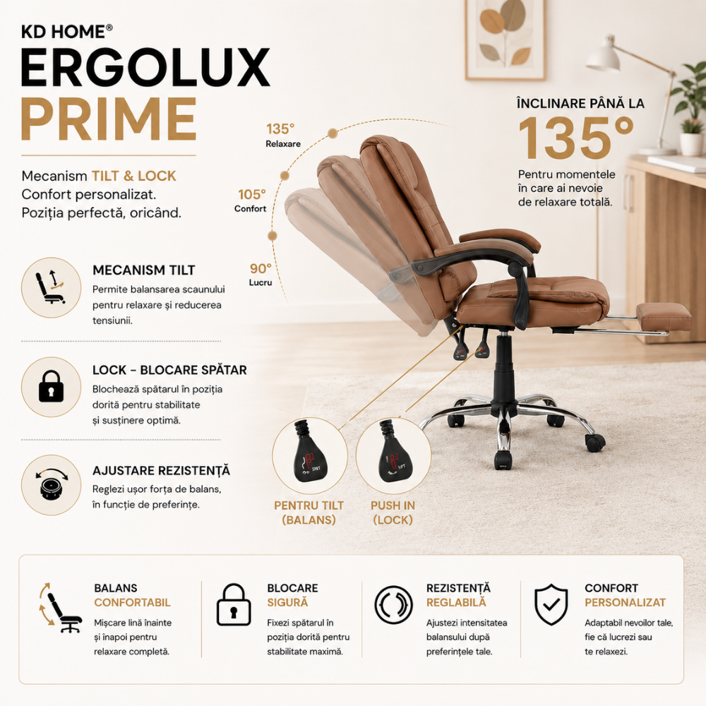 Scaun De Birou Directorial Ergonomic Cu Masaj KD Home® ErgoLux Prime, Maro