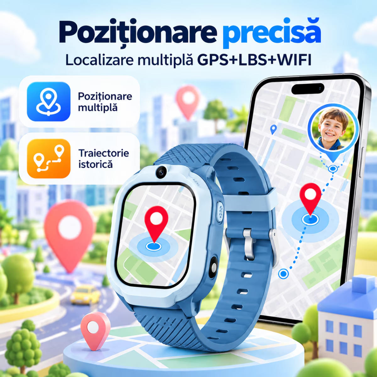 Ceas Smartwatch Copii Cu Localizare GPS Si Telefon Techone T70 Mini Go, Roz