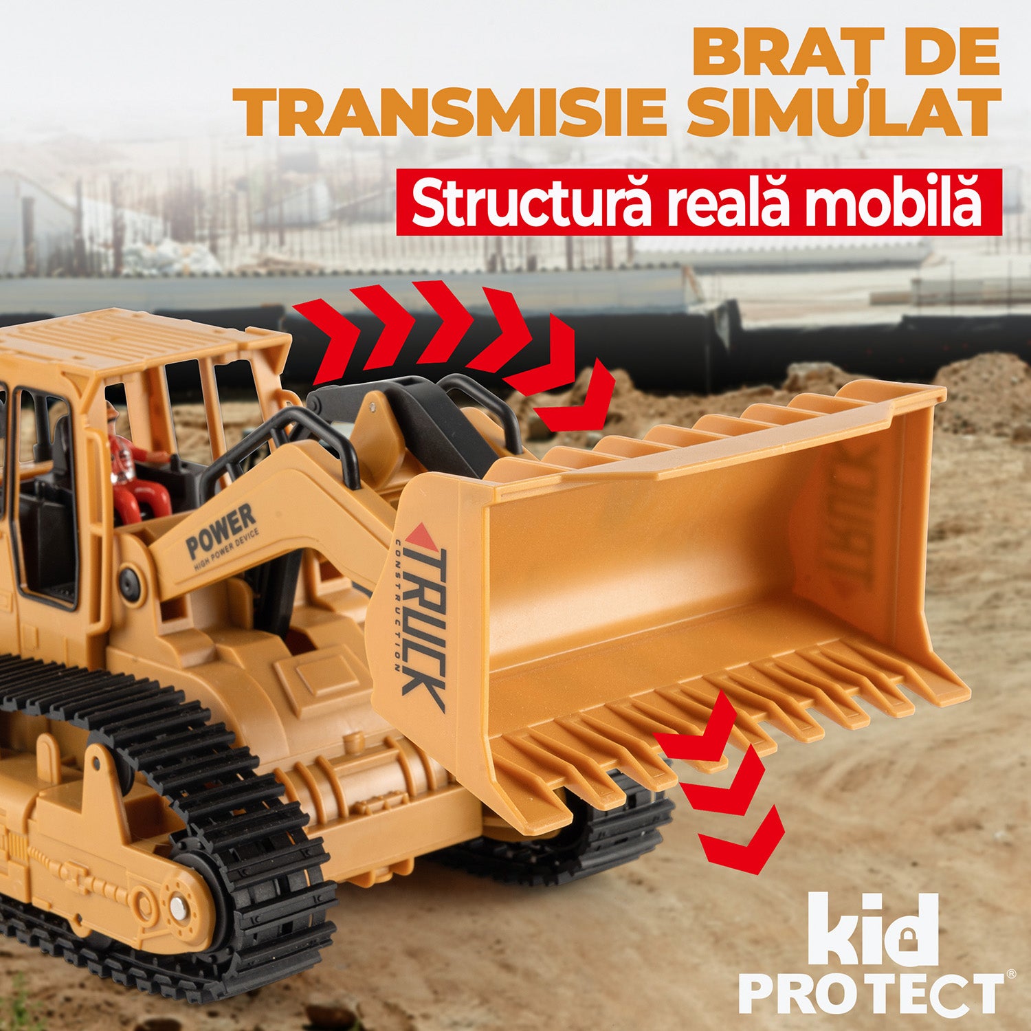 Buldozer Super Realist Cu Telecomanda Pentru Copii KidProtect PowerTrack Dozer
