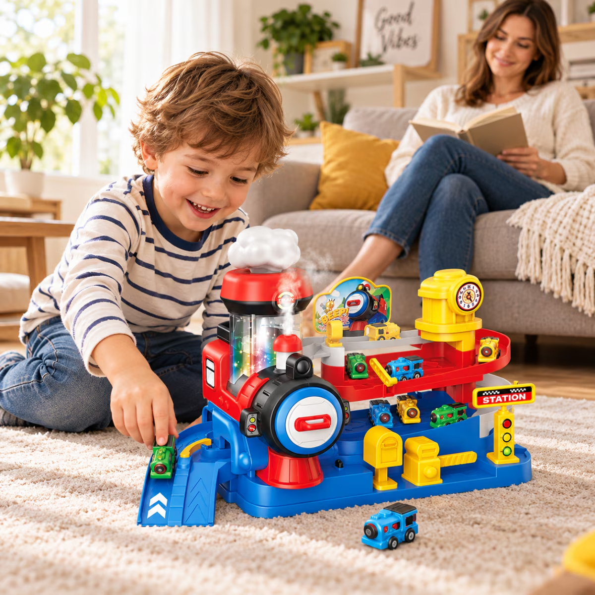 Set Jucarie Interactiva Atelier Auto Pentru Masinute KidProtect Train Pit Stop, Rosu