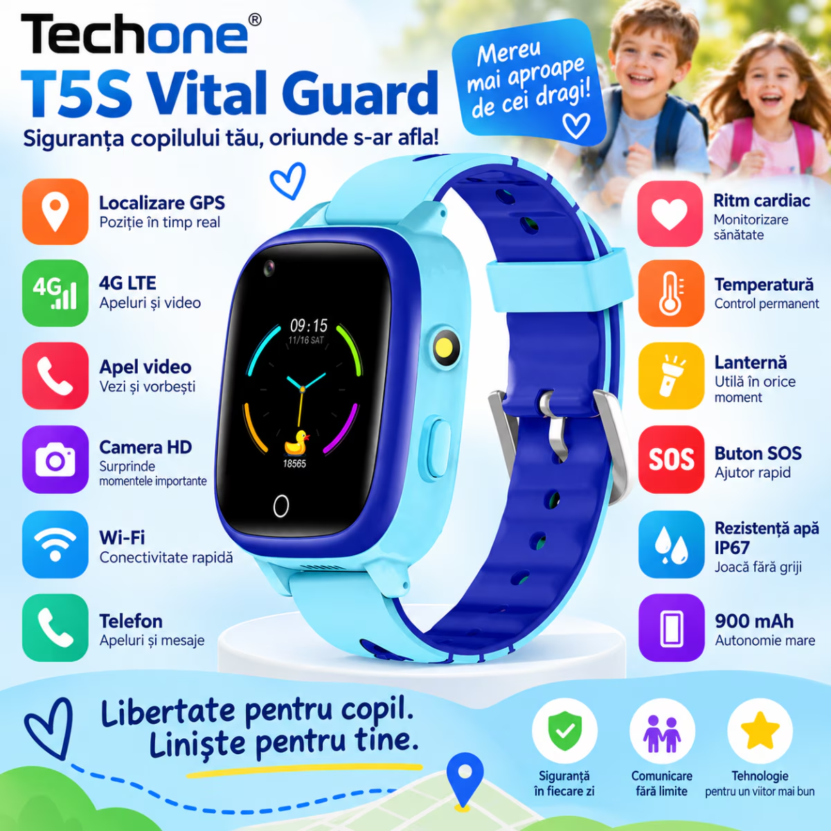 Ceas Smartwatch Copii Cu Localizare GPS Si Telefon Techone T5S Vital Guard, Albastru