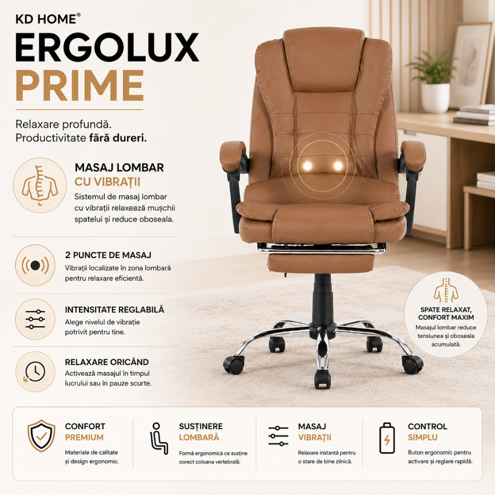 Scaun De Birou Directorial Ergonomic Cu Masaj KD Home® ErgoLux Prime, Maro