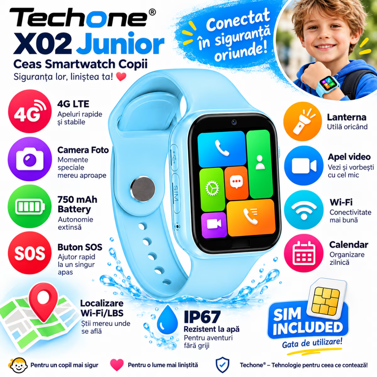 Ceas Smartwatch Copii Cu Localizare W-Fi/LBS Si Telefon Techone X02 Junior, Albastru