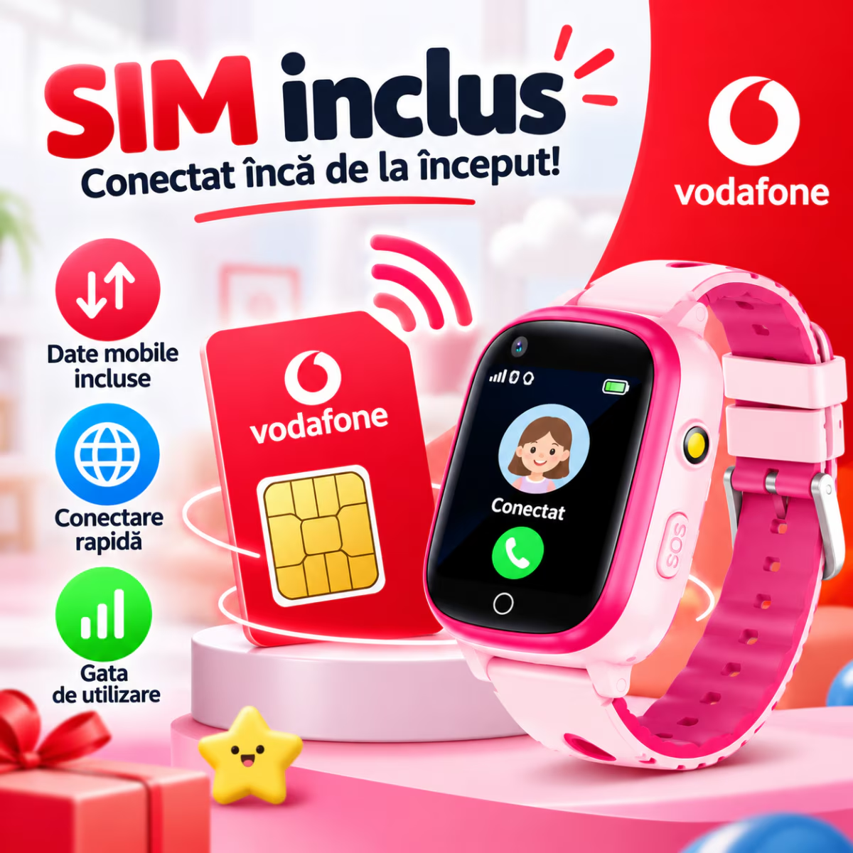 Ceas Smartwatch Copii Cu Localizare GPS Si Telefon Techone T5S Vital Guard, Roz